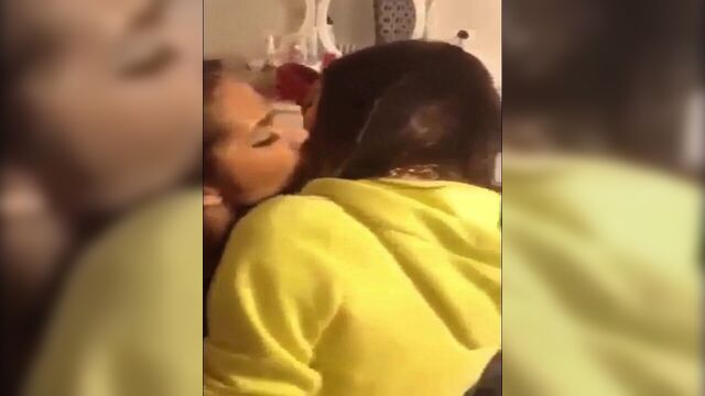 4 beautiful girls kiss each other tenderly one after anoter