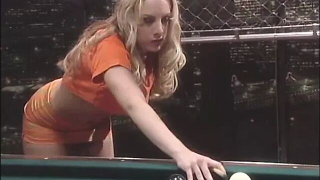 Busty blonde gets her asshole fingered and a pool stick shoved in