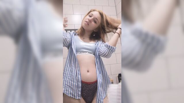 Nice naked bathroom striptease masturbation with passionate orgasm