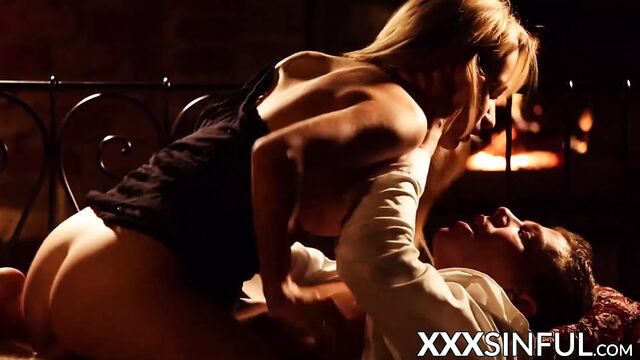 Fiery and sinful acts next to the fireplace for a couple